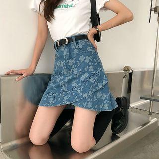 Ruffle Hem Floral Denim Mini Skirt