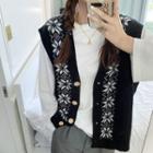 Color Block Floral Button Knit Vest Black - One Size