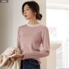 Lace-trim Fitted Textured T-shirt