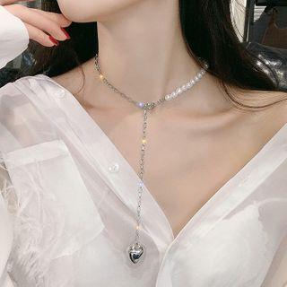 Asymmetric Faux Pearl Alloy Heart Pendant Choker