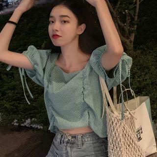 Plaid Square Neck Frilled Puff-sleeve Top