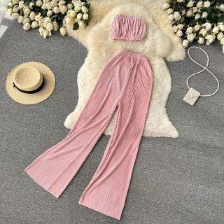 Set: Plain Bandeau Top + Wide Leg Pants