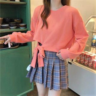 Long-sleeve Plain Tie-front Cropped Top