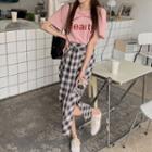 Plaid Slit Midi A-line Skirt / Elbow-sleeve Lettering T-shirt