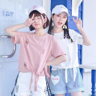 Tie-hem Ripped Short-sleeve T-shirt