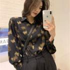 Butterfly Print Long-sleeve Blouse Black - One Size