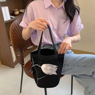 Flower Print Canvas Lunch Bag Black - One Size
