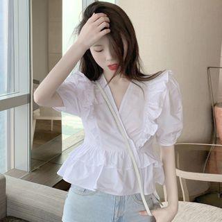 Ruffled-trim Cropped V-neck Blouse As Shown In Figure - One Size