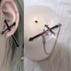 Cross Chain Stud Earring 1pc - Black & Silver - One Size