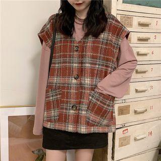Long-sleeve Mock-neck T-shirt / Plaid Buttoned Vest