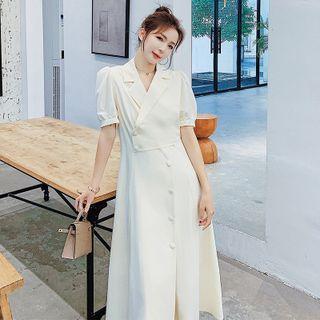 Puff-sleeve Notch Lapel Midi A-line Dress