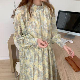 Long-sleeve Flower Print Midi Shift Dress Almond - One Size