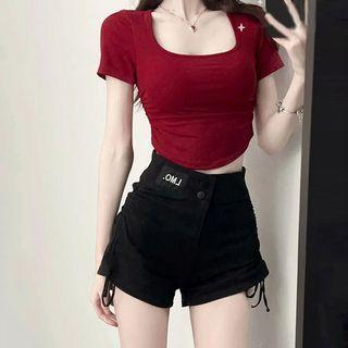 Short-sleeve Cropped T-shirt / Drawstring Denim Shorts / Set