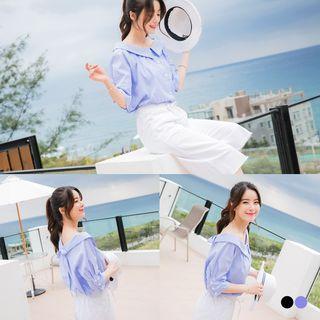 Elbow Sleeve Pinstriped Tie-back Blouse