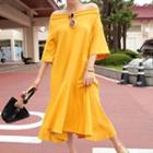 Plain Off Shoulder 3/4 Sleeve Midi Dress