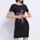 Short-sleeve Embroidered Floral Mini Sheath Dress