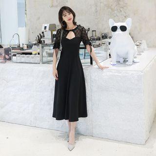 Elbow-sleeve Mesh-panel Midi A-line Dress