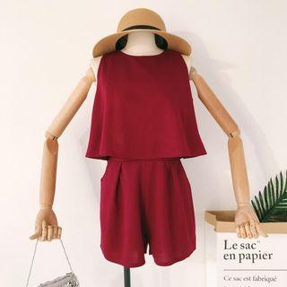 Set: Plain Sleeveless Top + Wide-leg Shorts