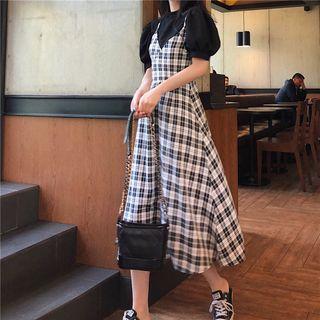 Set: Crew-neck Puff-sleeve T-shirt + Plaid Spaghetti Strap Midi A-line Dress