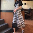 Set: Crew-neck Puff-sleeve T-shirt + Plaid Spaghetti Strap Midi A-line Dress