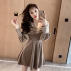 Long-sleeve Lace Trim A-line Mini Velvet Dress