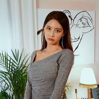 Asymmetric-neck Shirred Bodycon Dress