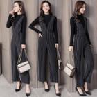 Set: Mock-neck Long-sleeve T-shirt + Striped Wide-leg Jumper Pants