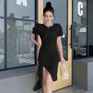 Short-sleeve Irregular Slit Sheath Dress
