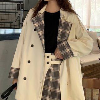 Plaid Panel Long-sleeve Trench Coat / Color-block Plaid High-waist Skirt