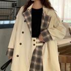 Plaid Panel Long-sleeve Trench Coat / Color-block Plaid High-waist Skirt