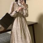 Mock Two-piece Long-sleeve Floral Print Turtleneck Midi A-line Dress