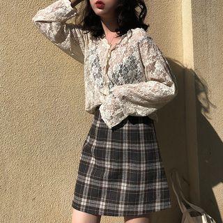 Long-sleeve Lace Top / Mini Plaid A-line Skirt