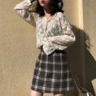 Long-sleeve Lace Top / Mini Plaid A-line Skirt