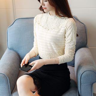 Fleece-lined Stand Collar Lace Top