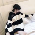 Striped Lettering Sweater Stripes - Black & White - One Size