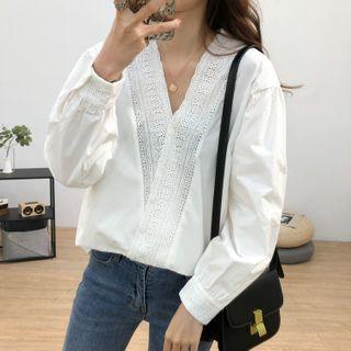 Eyelet Trim V-neck Blouse