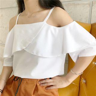 Frilled Open Shoulder Elbow-sleeve Chiffon Top