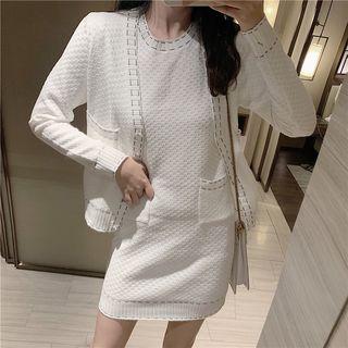 Set / Contrast Trim Knit Cardigan / Short-sleeve Knit Dress /