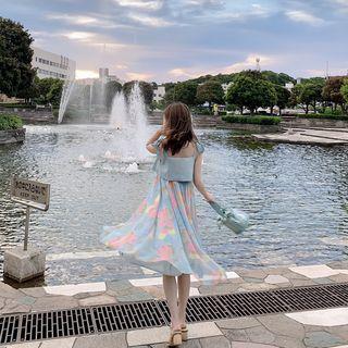 Flower Print Short-sleeve A-line Dress / Spaghetti Strap Dress