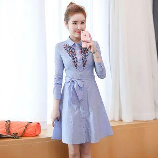 Floral Embroidered Striped Long-sleeve Shirt Dress
