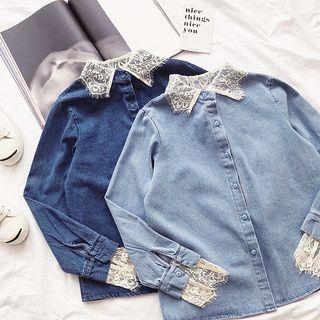 Lace Panel Long-sleeve Denim Shirt