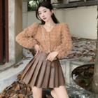 Rosette Organza Cropped Blouse / Pleated Mini Faux Leather Skirt