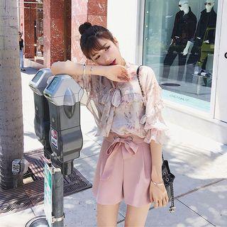 Set: Floral Print Chiffon Blouse + Camisole Top + Plain Shorts