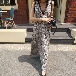 Sleeveless Lace-trim Leopard Maxi Dress Beige - One Size