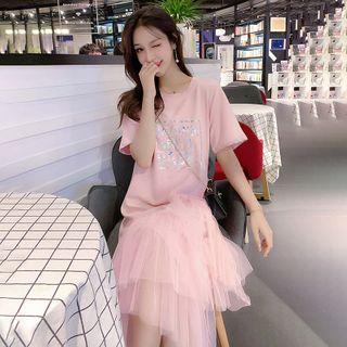 Short-sleeve Lettering Midi A-line Mesh Dress
