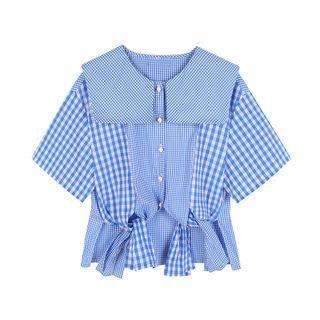Short-sleeve Gingham Sailor-collar Blouse