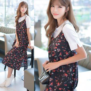 Set: Short-sleeve T-shirt + Floral Print Strappy Midi Dress