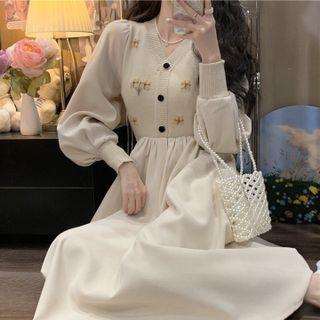 Long-sleeve Flower Embroidered Knit Panel Midi Dress