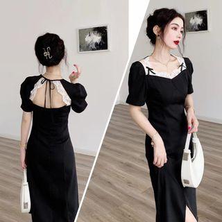 Short-sleeve Lace Trim Open-back Midi Sheath Dress
