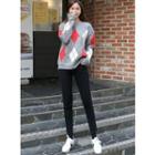Set: Argyle Knit Top + Band-waist Slim-fit Jeans